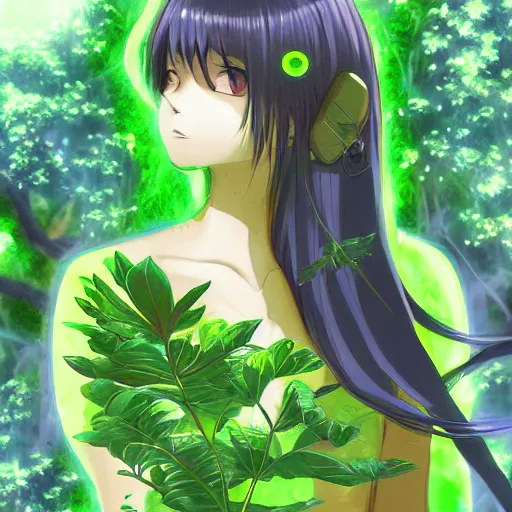 Prompt: A Green Anime person Being curios to plants, Digital art, Anime style, Cinematic, Epic.