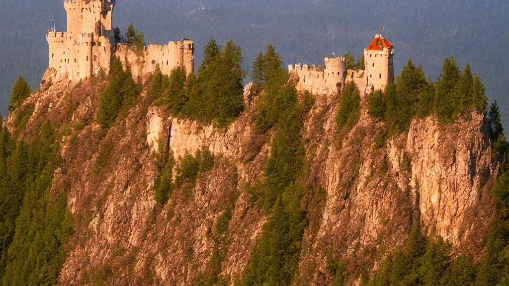 Image similar to castle, velvia, warm color palette, lonely, on a cliff edge