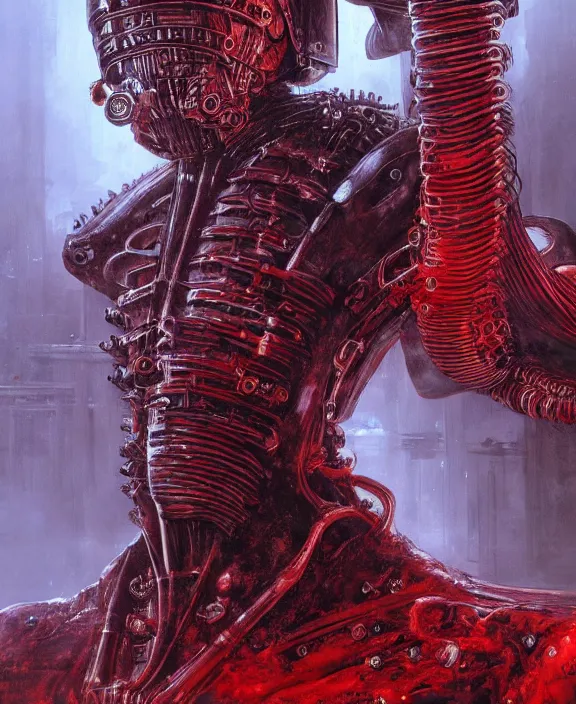 Image similar to a red steampunk darth vader with mechanical tendrils resembling spinal columns extending from his body, by HR Giger and Beksiński and Stephan Martiniere , 4k resolution, detailed, trending on artstation