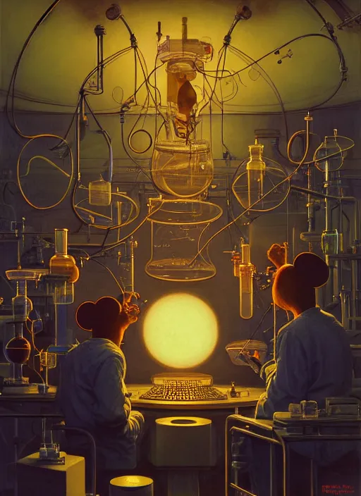 Image similar to scientists in laboratory, single giant mickey mouse face by donato giancola and greg rutkowski and wayne barlow and zdzisław beksinski, netflix logo, military base, colored gels, studio photography, 3 5 mm film look