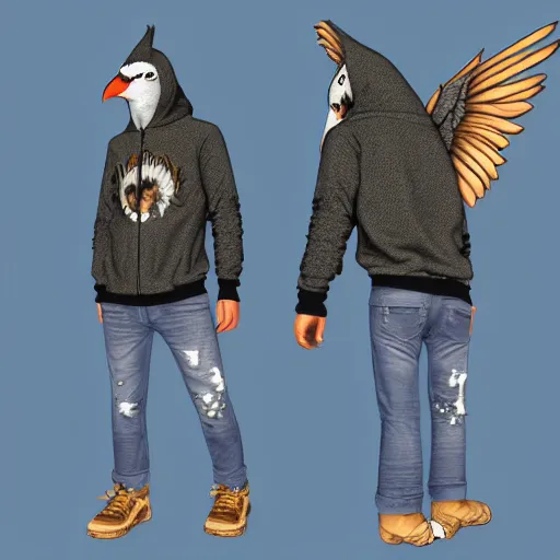 Image similar to humanoid furry anthro avian fursona, bird, bird, avian, avian, corvid, beak, kenku, anthro, furry digital art. Hoodie and jeans