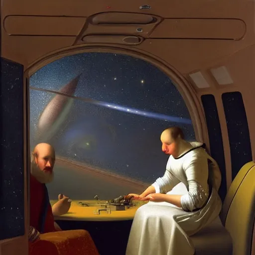 Image similar to Two space travelers sitting side by side in a space cruiser, flying between Jupiter and Saturn, the milky way galaxy in the background, oil painting by vermeer,