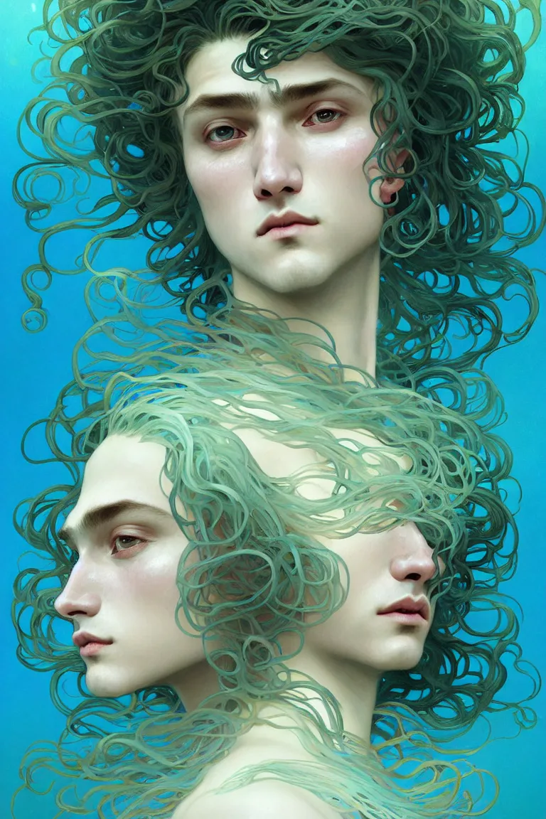 Image similar to portrait of a beautiful young fit male sea creature with long curly hairs and fish skin, dressed in fluent clothes made of seaweeds, by greg rutkowski and alphonse mucha, d & d character, gradient cyan to blue, underwater bubbles background, highly detailed portrait, digital painting, artstation, concept art, smooth, sharp focus ilustration, artstation hq