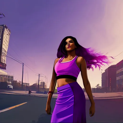 Image similar to a stunning GTA V loading screen with a beautiful woman with ombre hairstyle in purple and pink blowing in the wind, tanktop and skirt, city streets, digital art, trending on artstation