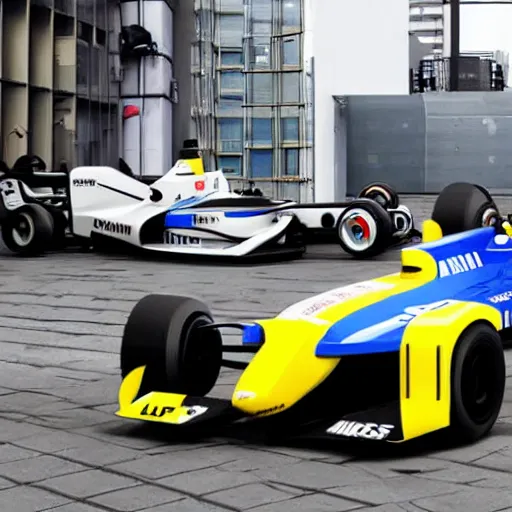 Image similar to alpine renault formula 1 car in the style of gundam, racing through tokyo streets