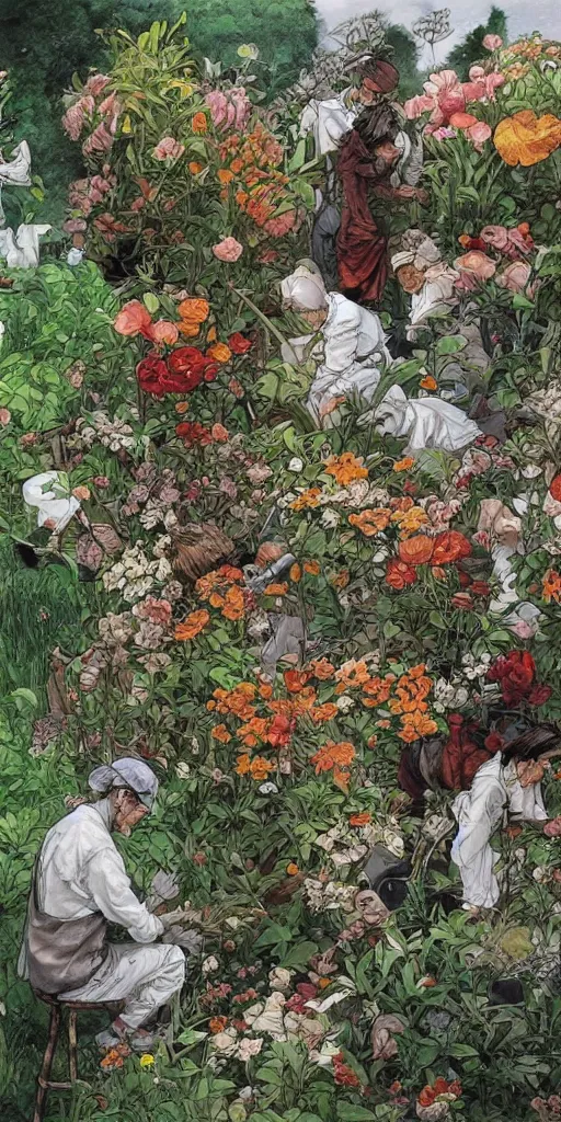 Image similar to oil painting scene from blooming gardeners by kim jung gi