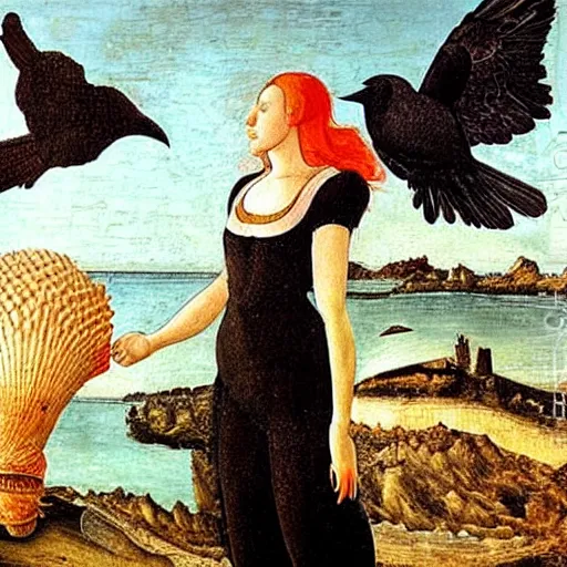 Prompt: high quality oil painting by botticelli, a raven bird standing on a seashell