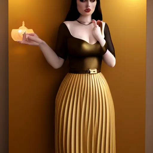 Image similar to a curvy feminine pale goth cutie with a thin waist in an elegant gold latex pleated dress, cgsociety, photorealistic, sublime-comforting-elegant ambience, 16k, smooth, sharp focus, trending on ArtStation, volumetric lighting, fully clothed, worksafe