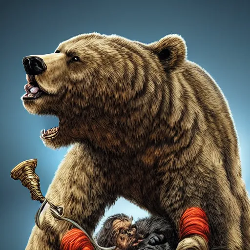 Prompt: a ferocious bear sitting on top of a dwarf, highly detailed digital art
