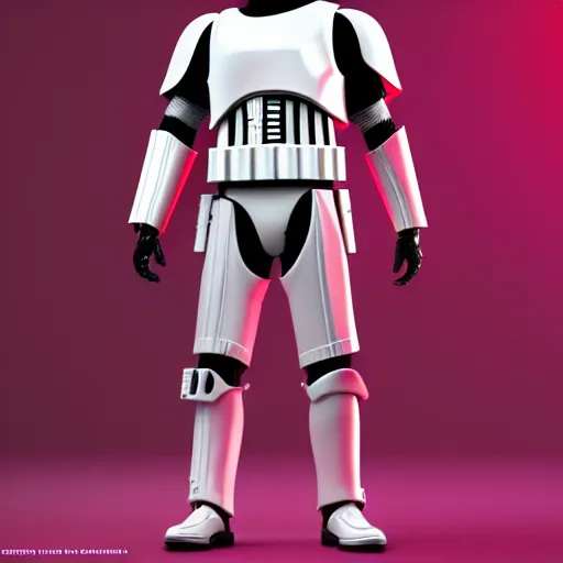 Image similar to candypunk storm trooper, character design, high quality digital art, render, octane, redshift, volumetric lighting, oled