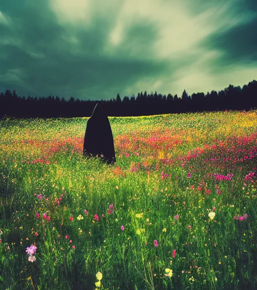 Image similar to tall hooded shadow person figure standing in beautiful meadow of flowers, technicolor photo, grainy, high detail, high resolution