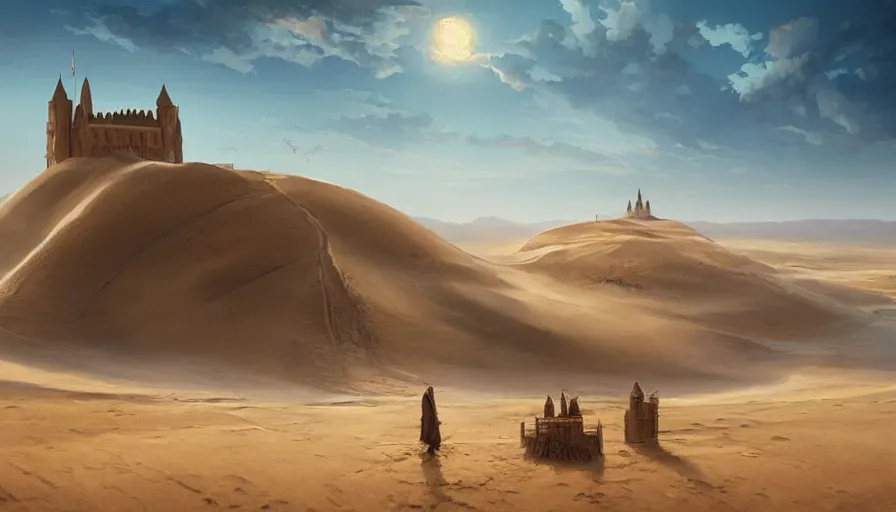 Prompt: portrait of a vast desert with sand dunes and a small castle, highly detailed, sunny, blue sky, cinematic lighting, high angle, godrays, volumetric, photorealistic, digital art painting by greg rutkowski