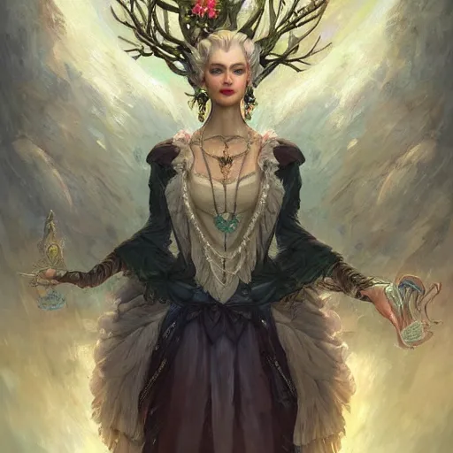 Prompt: beautiful Lady Yggdrasil Marie Antoinette Queen Portrait Portrait Portrait Planescape Torment Vagrant Story Character Time Druid Face Head Eyes Jordan Grimmer mandy jurgens dave dorman Tamas Medve Todor Hristov Ilya Repin