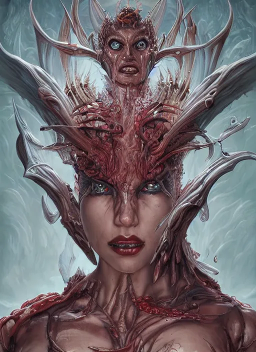 Prompt: a hyper detailed full face portrait of human transforming into the queen of blades, diablo 4 lilith, by yusuke murata, by hiroya oku, by dorian cleavenger, by tom bagshaw, by artgerm, by zdzisław beksinski, trending on artstation