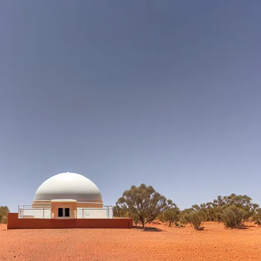 Image similar to robot with giant extrusion nozzle printing a domed house in the australian desert, XF IQ4, 150MP, 50mm, F1.4, ISO 200, 1/160s, dawn