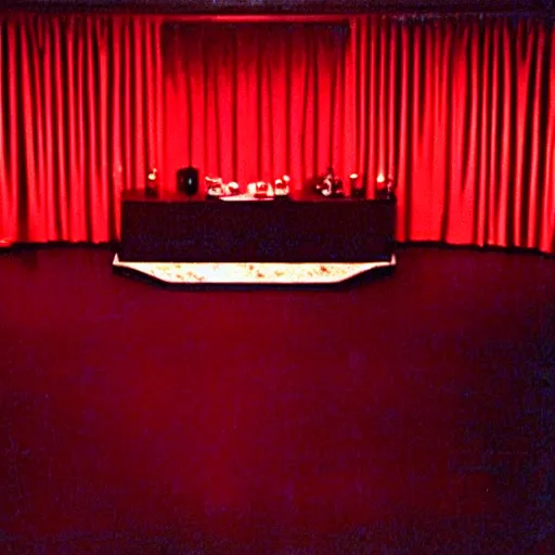 Image similar to the black lodge, Twin Peaks (1990), eerie surreal nightmare, david lynch, red curtains, ominous