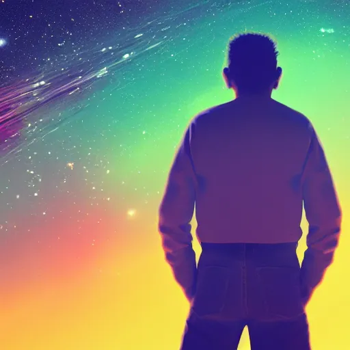 Image similar to a calm man relaxing in the galaxy, synthwave, retro, acrylic art blurry background, depth of field, 3D render,