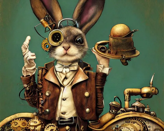 Prompt: steampunk rabbit waving hello by esao andrews