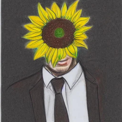 Image similar to man with a sunflower instead of a head wearing a business suit, color pencil sketch