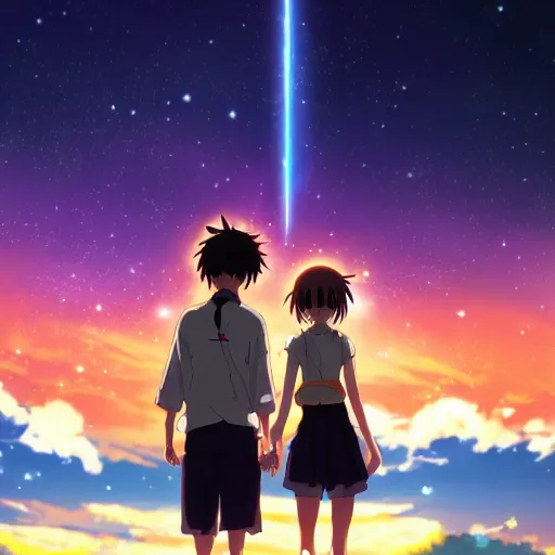 Prompt: a dark night sky with stars, in the style of the anime movie your name, 4 k,