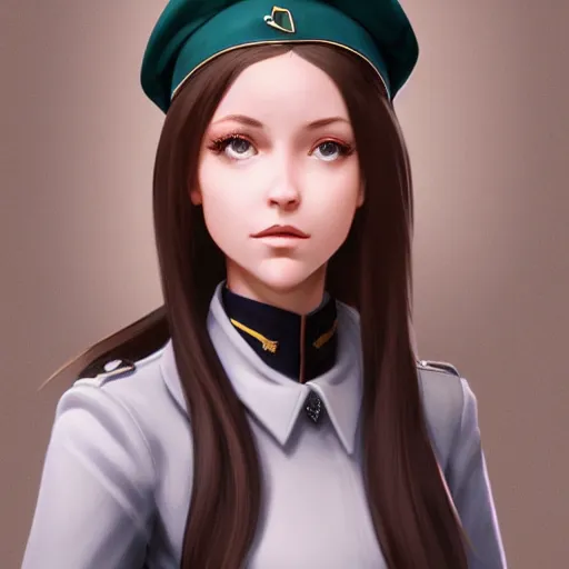 Prompt: portrait bust of young woman with long light brown hair and hazel eyes dressed in a sharp dark teal military uniform with beret, smiling, ilya kuvshinov, anime, ross tran, concept art, digital art, painting