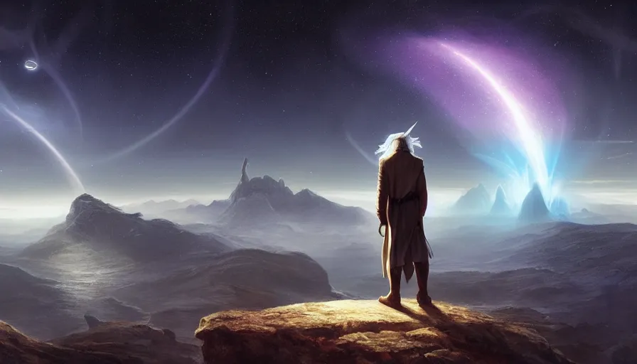 Prompt: a beautiful painting of gandalf watching the andromeda spiral galaxy in the sky of an alien world, ray traced lighting by jean kalin popov and greg rutkowski