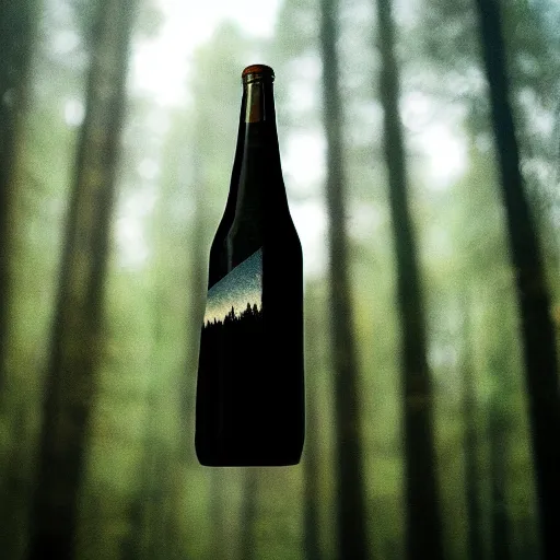 Image similar to grainy photograph of a bottle-shaped UFO flying above a forest