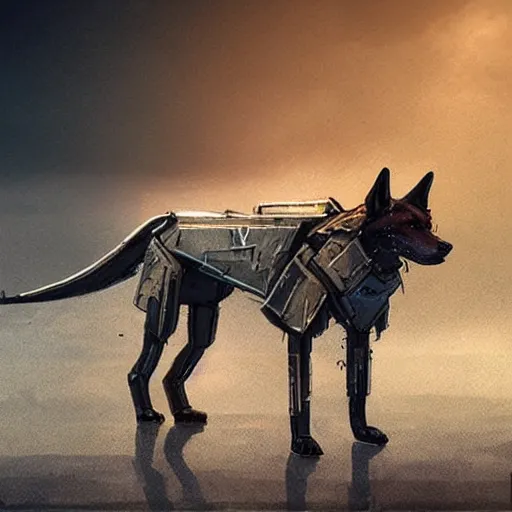Prompt: panzerwolf anubis dog made of steel in light armor, by ian pesty and alena aenami, concept art, matte painting, washed colors,