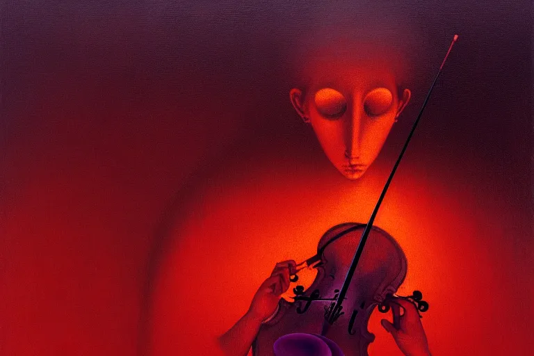 Image similar to abstract tech concept of the mystery musician with colored smoke playing a violin, in the style of rafał olbinski, in the style of beksinski, intricate and epic composition, red by caravaggio, insanely quality, highly detailed, masterpiece, purple light, artstation, 4 k