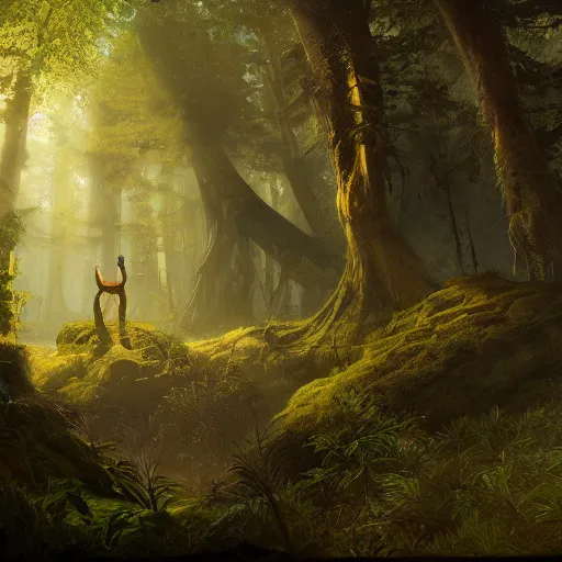 Prompt: a painting of a man standing in the middle of a forest, a detailed matte painting by slawomir maniak, deviantart contest winner, fantasy art, matte painting, cryengine, concept art