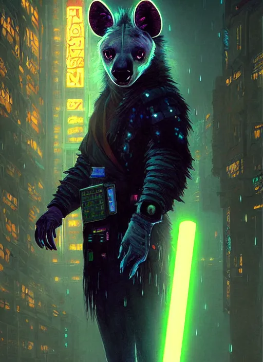 Image similar to beautiful full-body portrait commission of a (female furry anthro spotted hyena fursona wearing jedi robes) (in a cyberpunk city at night in the rain). Neon light. Atmospheric. Renowned character illustration by greg rutkowski, thomas kindkade, alphonse mucha, loish, norman rockwell. detailed, dungeons and dragons character art