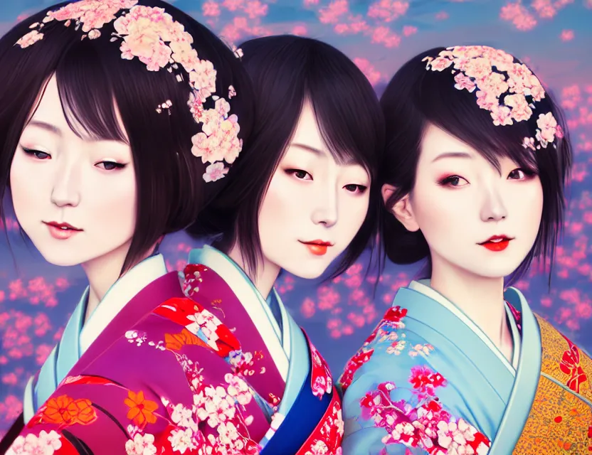 Image similar to two beautiful charming japan girls wear arty kimono in festival | | sunny night, full moon, dreamlike art, realistic shaded, smile, good looking, hyper details, 4 k realistic, cryengine, realistic shaded lighting poster by ilya kuvshinov, fuji choko, ross tran, 8 k resolution, trending on artstation, luxury