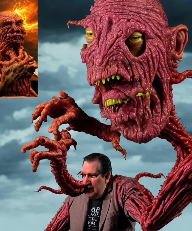 Image similar to hyperrealistic rendering, epic boss battle, cronenberg flesh monster ted cruz, by art of skinner and richard corben, product photography, collectible action figure, sofubi, hottoys, storm clouds, outside, lightning