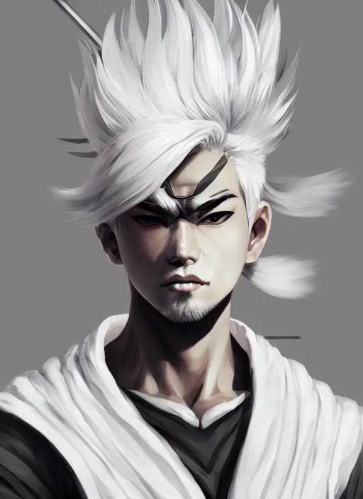 Image similar to a highly detailed illustration of fierce white haired attractive young japanese man wearing white hakama, black eyes, dramatic serious pose, muscular, intricate, elegant, highly detailed, centered, digital painting, artstation, concept art, smooth, sharp focus, league of legends concept art, wlop