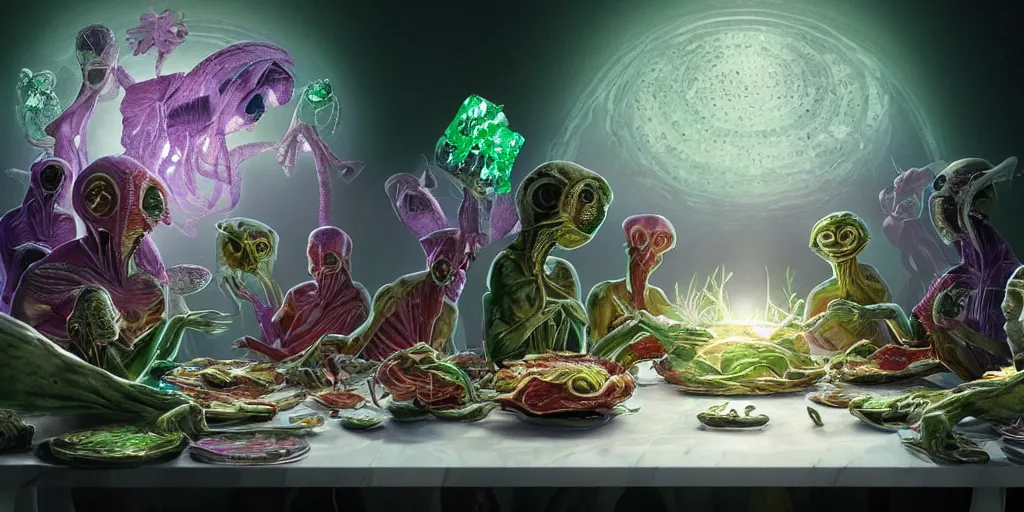 Prompt: !13 very diverse aliens enjoying a rich salad around a marble table, !positioned as last supper cinematic lighting, crystals and diamonds, emeralds, idilic, fantasy, surreal, floating, highly detalied, 4k, artstation, by Wayne Barlowe