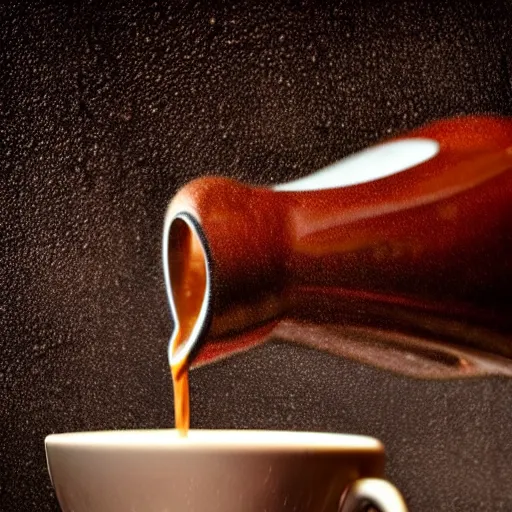 Image similar to Close up of coffee being poured into a cup on a rainy morning, studio lighting , macro, coffee, morning, rain, highly detailed, sharp focus, Volumetric dynamic lighting, still life, real life, 4k