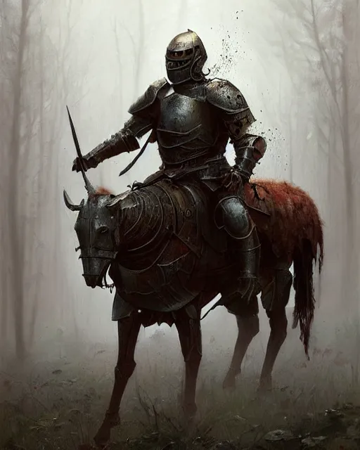 Image similar to Hyper realistic painting of a knight in full plate armor that has completely turned to rust, hyper detailed, surrounded by a dark forest, fog, moody, creepy, cinematic lighting, by greg rutkowski, trending on artstation