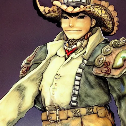 Prompt: mexican vaquero, yoshitaka amano character design, final fantasy tactics