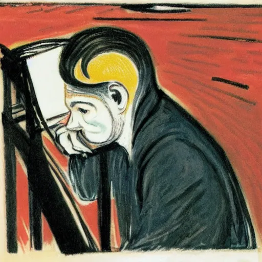 Prompt: a man pulls out his hair while reading a magazine, in the style of screaming, author edvard munch