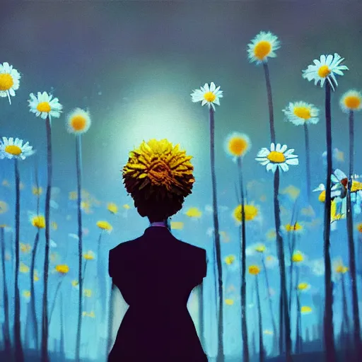 Prompt: closeup, big daisy flower head, woman in modern city, surreal photography, night light, dark, impressionist painting, digital painting, artstation, simon stalenhag