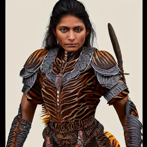 Image similar to a majestic brown warrior woman wearing a dragonfly armor. woman is face to face with a tiger. studio portrait. photorealistic.