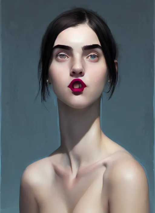 Image similar to portrait of white teenage girl, narrow face, short black hair and eyebrows, bangs, half updo hairstyle, buck teeth, unattractive, defined jawline, long chin, smile, hair bow, intricate, elegant, glowing lights, highly detailed, digital painting, artstation, sharp focus, illustration, art by wlop, mars ravelo and greg rutkowski