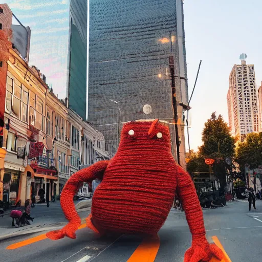 Image similar to a large monster made out of yarn is attacking the center of the city at magic hour,