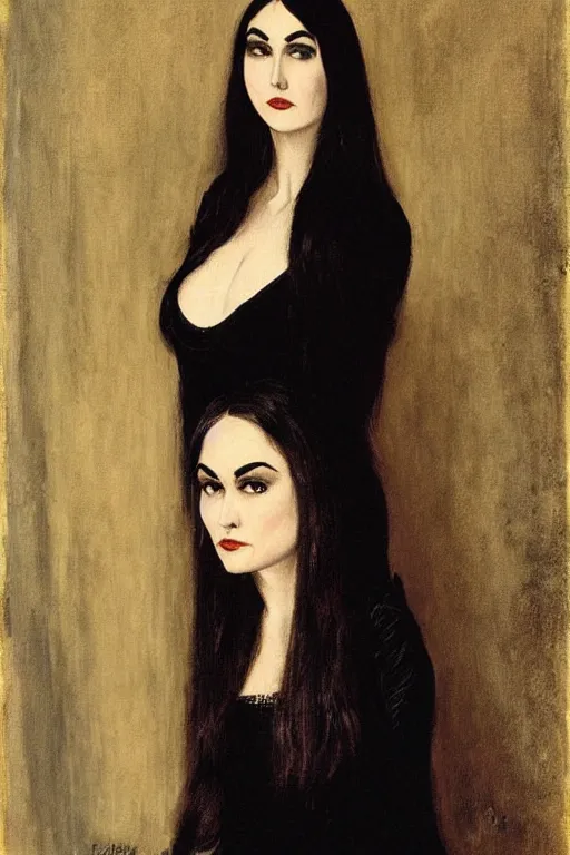 Image similar to upper body portrait sasha grey as morticia addams by alfred stevens