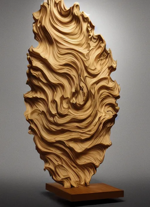 Image similar to sculpture of the endless transcendence of recursion, solid fluid fractals of celestial ivory, museum piece, museum display, back - lit, wooden cabinet