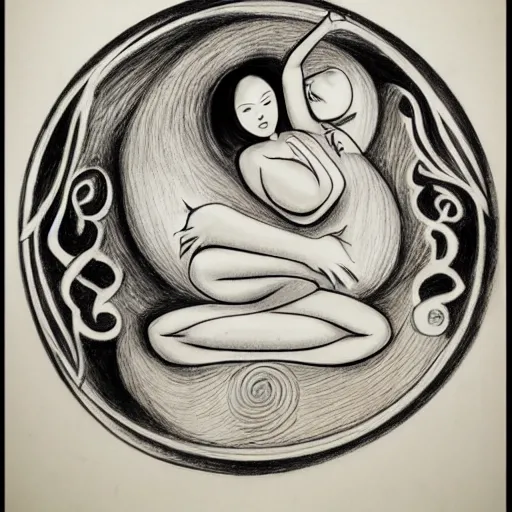 Prompt: a detailed drawing of a pregnant woman giving birth to emerging yin - yang daoist symbol emerging from womb, black and white detailed pencil drawing dao