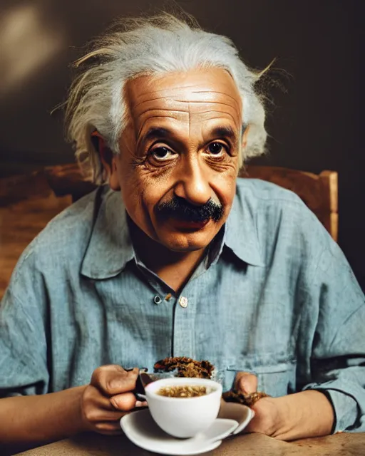 Prompt: A photo of Albert Einstein eating Masala Chai, highly detailed, trending on artstation, bokeh, 90mm, f/1.4