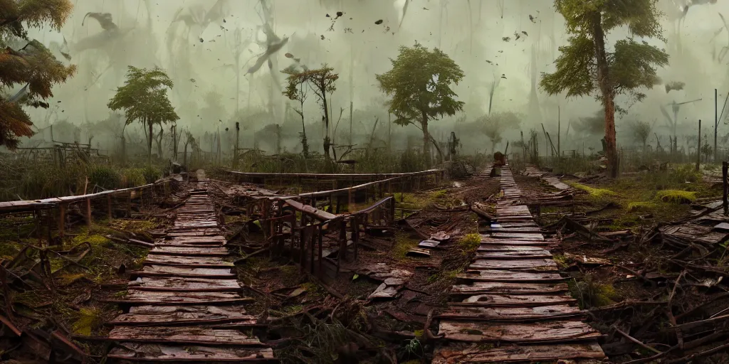 Prompt: A wooden walkway winding through a muddy swamp littered with rusted sumberged cars and vegetation covered construction equipment,, game art matte painting hyperdetailed, artstation, cgsociety, 8k, surreal dream landscape