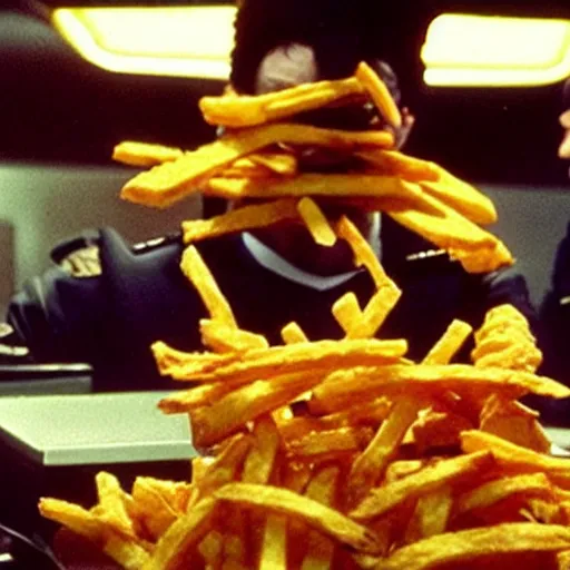 Prompt: Monsters made of French Fries fighting Star Fleet Officers in the mess, film still from the movie directed by Denis Villeneuve with art direction by Salvador Dalí,