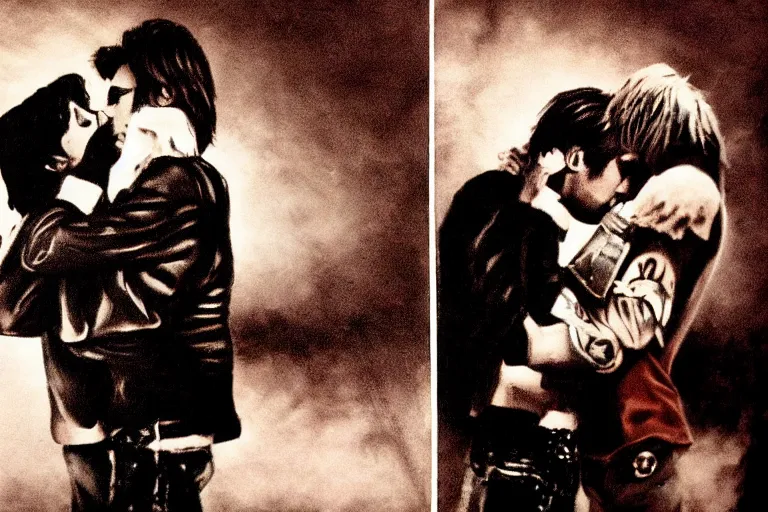 Image similar to Cinematography of kurt cobain kissing Elvis by Emmanuek Lubensky